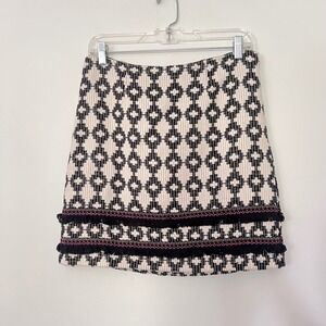 Merona Mini Skirt Geometric Print‎ Fringe Hem Black Cream Cotton Blend 10